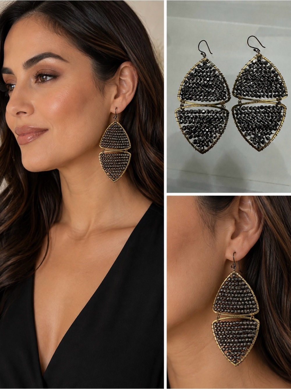 Gold-Tone Gunmetal Gray Beaded Statement Drop Earrings
